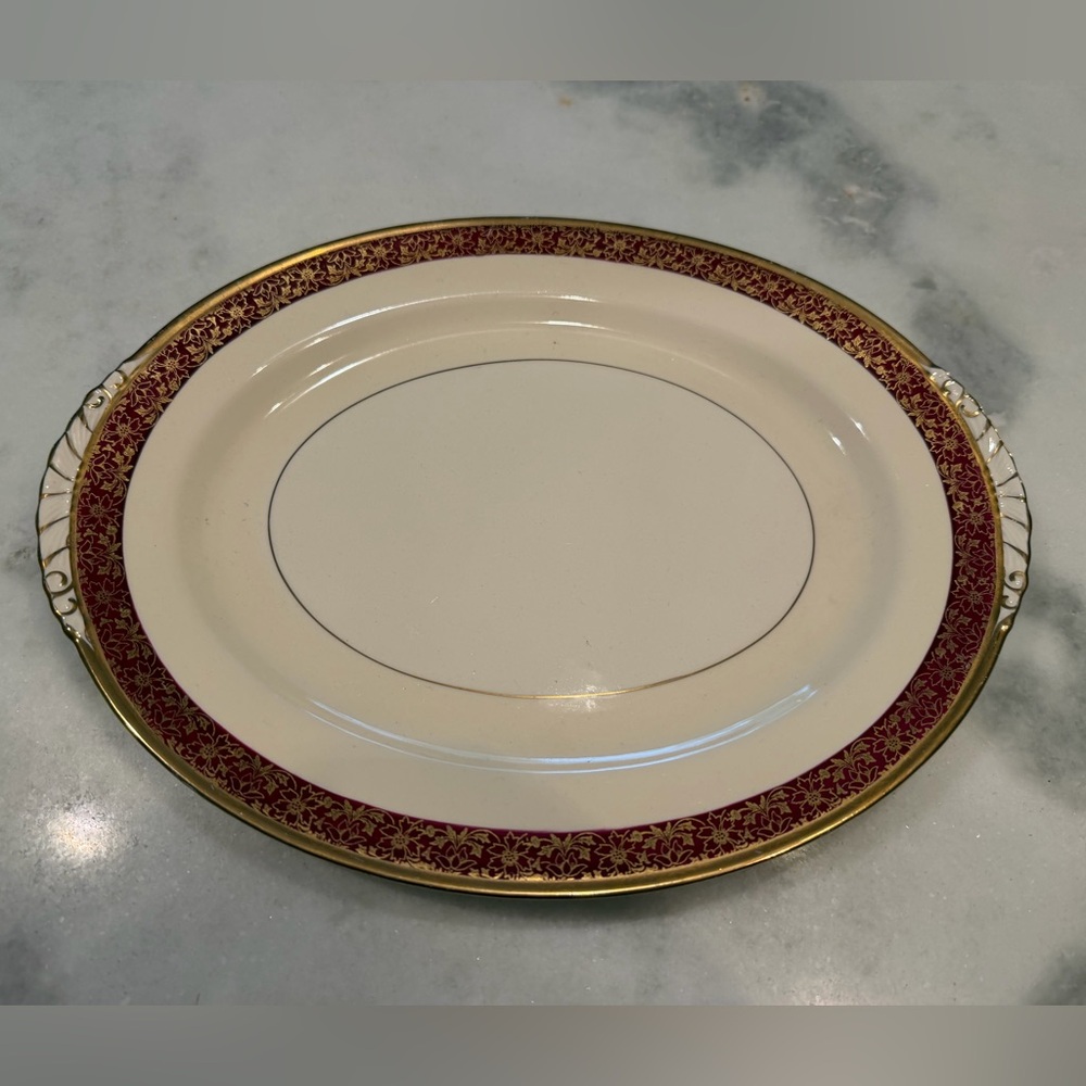 Antique Nautilus Ivory Platter with Burgundy and Gold Trim